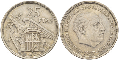 ИСПАНИЯ 25 ПЕСЕТ 1957 (58) ФРАНСИСКО ФРАНКО ДИКТАТОР ИСПАНИИ ( 1939- 1975) KM 787 медно-никель 216-715