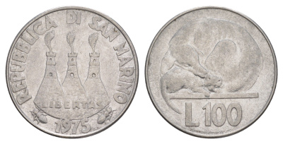 Сан-Марино 100 лир 1975 Любовь у животных KM 46 нержавеющая сталь UNC 4648-235
