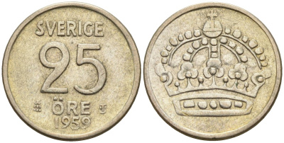 Швеция 25 эре 1959 TS, Густав VI Адольф (1950-1973) KM 824 серебро 4147-1067