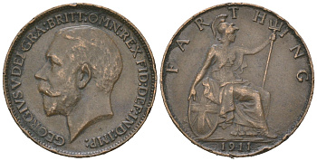 Великобритания 1 фартинг 1911 Георг V (1910-1936) KM 808.1, Spink 4059 бронза 4618-866