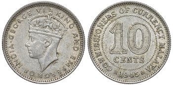 Британская Малайя 10 центов 1943 Георг VI (1937-1952) KM 4a серебро 53-227