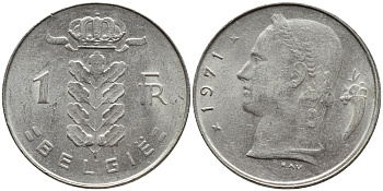 Бельгия 1 франк 1971 Belgie, Бодуэн I (1951-1993) KM 143.1 медно-никель 4395-442