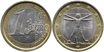 Италия 1 евро 2006 Витрувианский человек KM 216 биметалл 4391-135