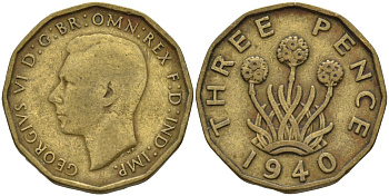 Великобритания 3 пенса 1940 Георг VI (1936-1952) KM 849, Spink 4112 никель латунь 4146-323