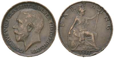 Великобритания 1 фартинг 1911 Георг V (1910-1936) KM 808.1, Spink 4059 бронза 4618-866