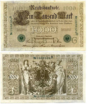 ГЕРМАНИЯ 1000 МАРОК 1910 21 АПРЕЛЯ 1910, ЗЕЛЁНАЯ ПЕЧАТЬ, СЕМИЗНАЧНЫЙ НОМЕР Pick 45b бумага 7198-30-1-2