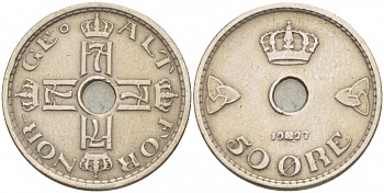 Норвегия 50 эре 1927 Хокон VII (1905-1957) KM 386 медно-никель 4548-356