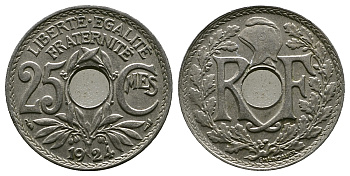 ФРАНЦИЯ 25 САНТИМОВ 1924 KM 867a медно-никель 261-331