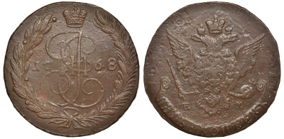 Россия 5 копеек 1768 ЕМ, Екатерина II (1762-1796), Орел образца 1763-1767 Биткин 614 медь 1103-5-42