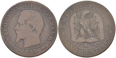 Франция 5 сантимов 1855 A, Наполеон III (1852-1870) KM 777.1, LE FRANC 116.17 бронза 4448-1232