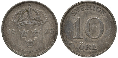 Швеция 10 эре 1933 G, Густав V (1907-1950) KM 780 серебро 4179-617