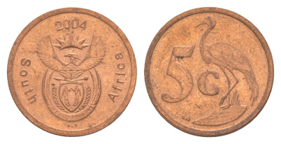 ЮАР 5 центов 2004 герб, райский журавль KM 325 сталь плакированная медью 4621-663