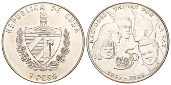 Куба 1 песо 1995 50 лет ООН KM 523 медно-никель BU 00-1067-6-34