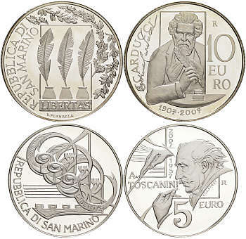 Сан-Марино набор 5 евро + 10 евро 2007 поэт Джозуэ Кардуччи и дирижер Артуро Тосканини, в оригинальной коробке, с сертификатом KM 474, 475 серебро PROOF 1-4-4-01