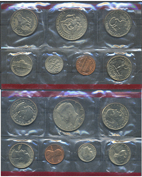 США набор из 7 монет (1, 5, 10 (дайм), 25 (квотер, 1/4 доллара) и 50 (1/2 доллара) центов; 1 доллар) 1980 в оригинальной упаковке, в запайке KM MS143 (164a, A192, 195a, 201, A202b и 207) UNC 8-2-06-17