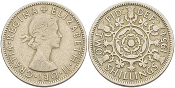 Великобритания 2 шиллинга (флорин) 1954 Елизавета II (1952-2022) KM 906, Spink 4146 медно-никель 215-736
