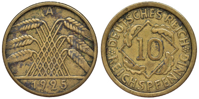 Германия 10 рентенпфеннигов 1925 A KM 40, J.317, Weege 9 алюминиевая бронза 4119-1035