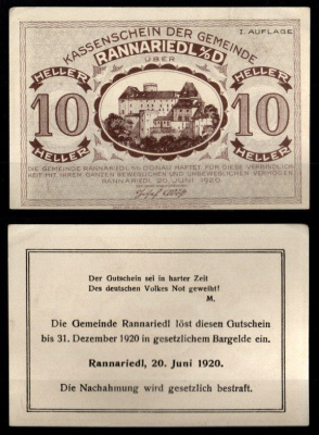 Австрия, Раннаридль 10 геллеров 1920 Jaksc/Pick JPR0818a-10 бумага aUNC 2193-13-3-2