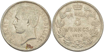 БЕЛЬГИЯ 5 ФРАНКОВ 1930 АЛЬБЕРТ I, DES BELGES KM 97.1 никель 3851-113