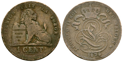 Бельгия 1 сантим 1876 Belges, Леопольд II (1865-1909) KM 33.1 медь 4164-1028
