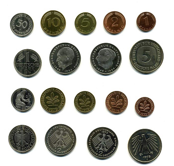 ФРГ набор из 9 монет 1975 F (1, 2, 5, 10, 50 пфеннигов, 1, 2, 2, 5 марок) PROOF N5-08