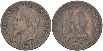 ФРАНЦИЯ 5 САНТИМОВ 1864 BB, НАПОЛЕОН III (1852-1870) KM 797.2, LE FRANC 117.12 бронза 108-555