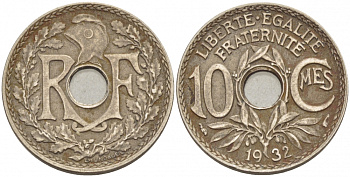 ФРАНЦИЯ 10 САНТИМОВ 1932 ТИП ЛИНДАЙЁ KM 886а медно-никель 67-532