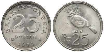 Индонезия 25 рупий 1971 год тип, венценосный голубь KM 34 медно-никель aUNC 4118-141
