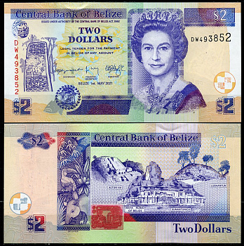 Белиз 2 доллара 2021 Елизавета II (1952-2022), руины майя  Pick 66 g  бумага  UNC (пресс) 446-10-2