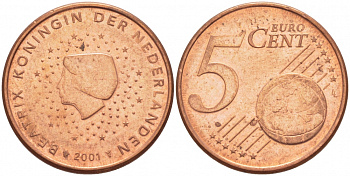 НИДЕРЛАНДЫ 5 ЕВРОЦЕНТОВ 2001 KM 236 сталь покрытая медью UNC 3457-1133