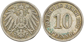 Германия 10 пфеннигов 1907 A KM 12, J. 13 медно-никель 34-1257