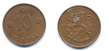 Финляндия 10 пенни 1934 республика (1918-1962) KM 24 медь 51-5423