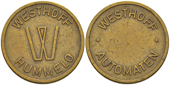 НИДЕРЛАНДЫ ЖЕТОН ND ДЛЯ ТОРГОВЫХ АВТОМАТОВ, WESTHOFF AUTOMATEN, HUMMELO, ДИАМЕТР 20 ММ. желтый металл 28-751