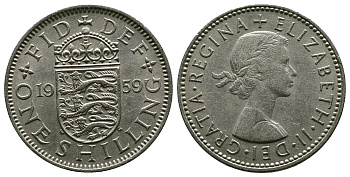 Великобритания 1 шиллинг 1959 Елизавета II (1952-2022), Английский герб KM 904, Spink 4147 медно-никель 4384-411