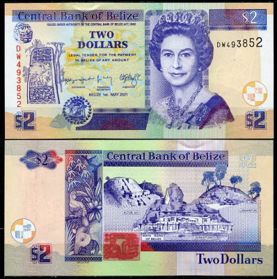 Белиз 2 доллара 2021 Елизавета II (1952-2022), руины майя  Pick 66 g  бумага  UNC (пресс) 446-10-2