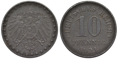 Германия 10 пфеннигов 1921 A KM 20, J. 298 железо 4119-252