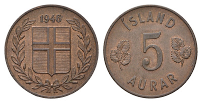 Исландия 5 эйре 1946 KM 9 бронза 4691-322