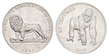 ДР Конго 50 сантимов 2002 Животные - Горилла KM 79 алюминий UNC 4631-1215