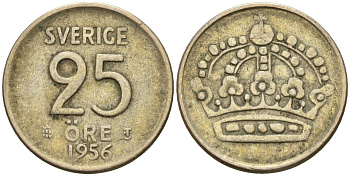 Швеция 25 эре 1956 TS, Густав VI Адольф (1950-1973) KM 824 серебро 4147-1045