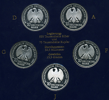 ФРГ набор из 5 штук по 10 марок 2001 A, D, F, G, J, 750 лет монастыря Святой Екатерины KM 204 серебро PROOF 6-5-2-5