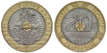 Франция 20 франков 1993 Мон-Сен-Мишель KM 1008.2, Le Franc 403.7 триметалл 4123-715