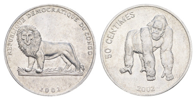 ДР Конго 50 сантимов 2002 Животные - Горилла KM 79 алюминий UNC 4631-1215