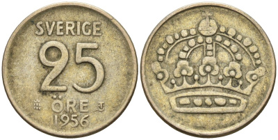 Швеция 25 эре 1956 TS, Густав VI Адольф (1950-1973) KM 824 серебро 4147-1045