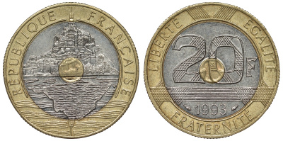 Франция 20 франков 1993 Мон-Сен-Мишель KM 1008.2, Le Franc 403.7 триметалл 4123-715