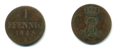 Ганновер 1 пфенниг 1845 A, Эрнст Август (1837-1851) KM 173.1, AKS 126, J. 54 медь 35-735