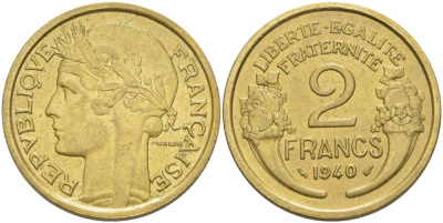 ФРАНЦИЯ 2 ФРАНКА 1940 ТИП MORLON KM 886, LE FRANC 268.13 алюминиевая бронза 180-525