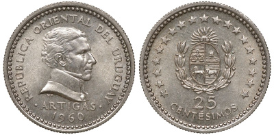 Уругвай 25 сентесимо 1960 KM 40 медно-никель 4169-839
