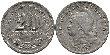 Аргентина 20 сентаво 1905 голова свободы влево KM 36 медно-никель 4525-827