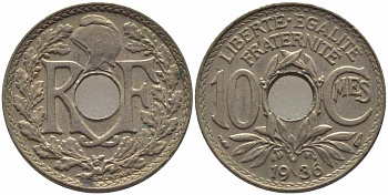 ФРАНЦИЯ 10 САНТИМОВ 1936 ТИП ЛИНДАЙЁ KM 866а, LE FRANC 138.23 медно-никель 108-231