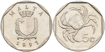 Мальта 5 центов 1991 краб KM 95 медно-никель 4588-115